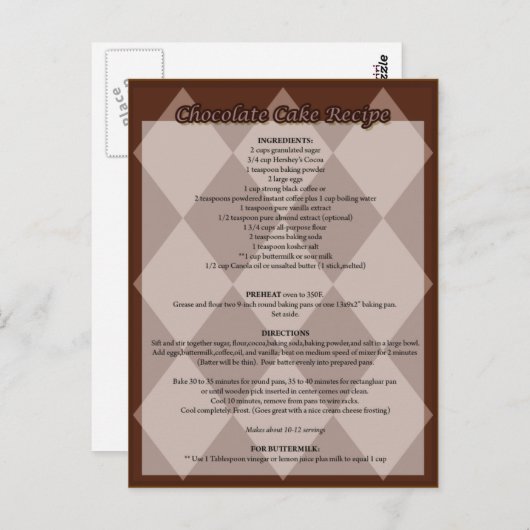 Briefkaart met chocolade-Cake Recipe (Voorkant / Achterkant)