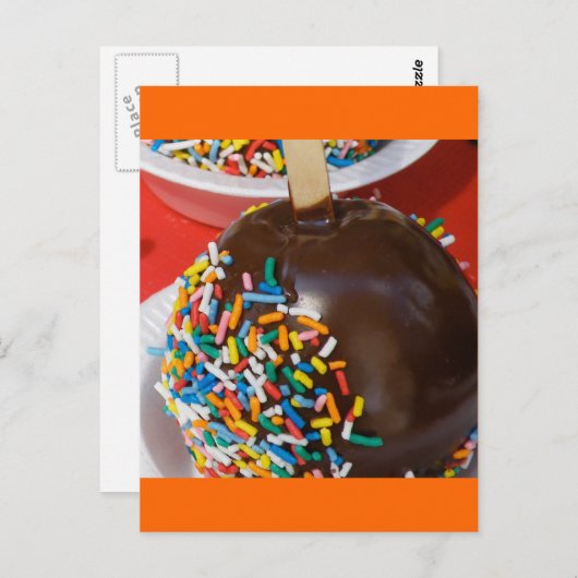 Briefkaart met chocolade-omhuld appel (Voorkant / Achterkant)