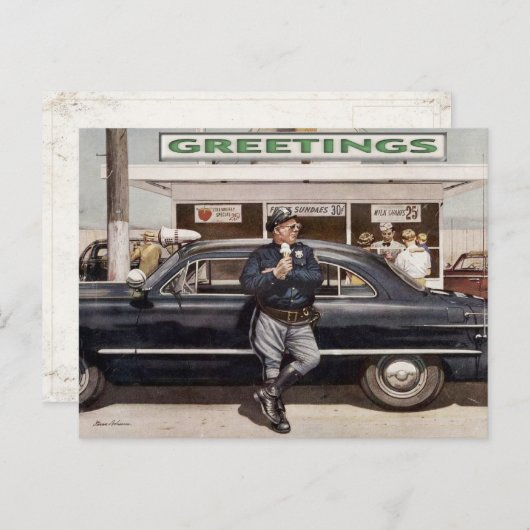 Briefkaart met Cool Diner Cop Illustratie (Voorkant / Achterkant)