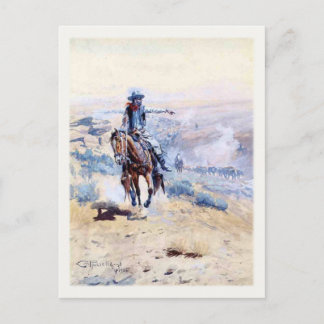 Briefkaart met cowboy die het spoor uitwijst