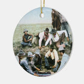 Briefkaart met foto's van cowboys voor het afschie keramisch ornament (Links)