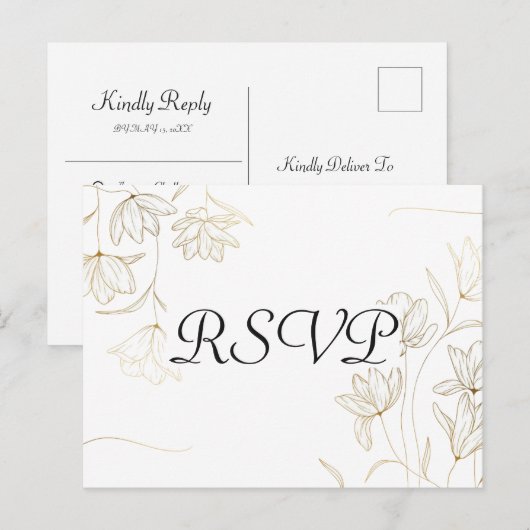 Briefkaart met Gold Flower RSVP-kaart (Voorkant / Achterkant)