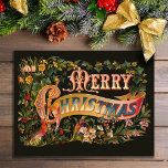 Briefkaart met kerstcadeautjes voor Vintage<br><div class="desc">Ritterende kerstgroet met  tekst op een banner met heilige,  gekleurde bloemen en bladeren,  en een kardinaal op een donkere olijfachtergrond.</div>