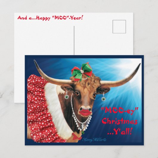 Briefkaart met Kerstmis Longhorn-Koe (Voorkant / Achterkant)
