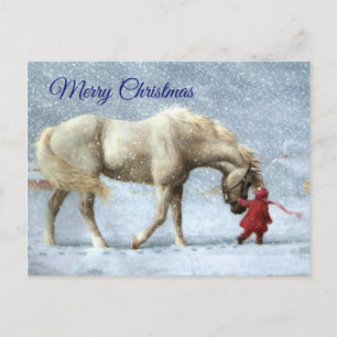 Briefkaart met kerstmis voor meisjes en paarden