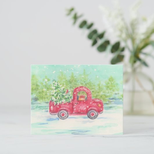 Briefkaart met kerstrode vrachtwagen (Staand voorkant)