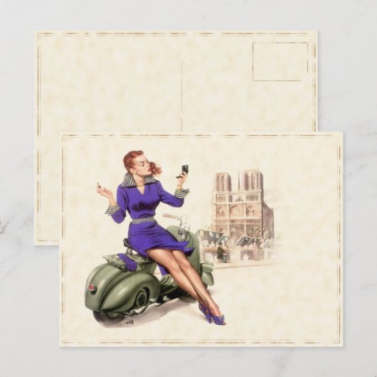 Briefkaart met  meisje op haar motorfiets (Voorkant / Achterkant)