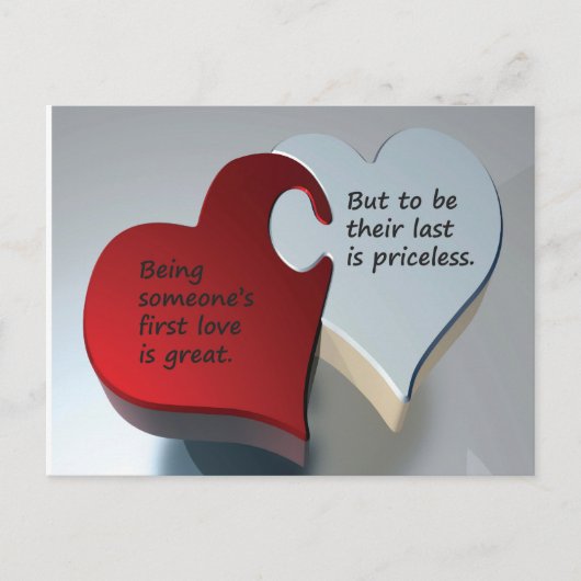 Briefkaart met puzzelstukjes van rood en wit hart. (Voorkant)