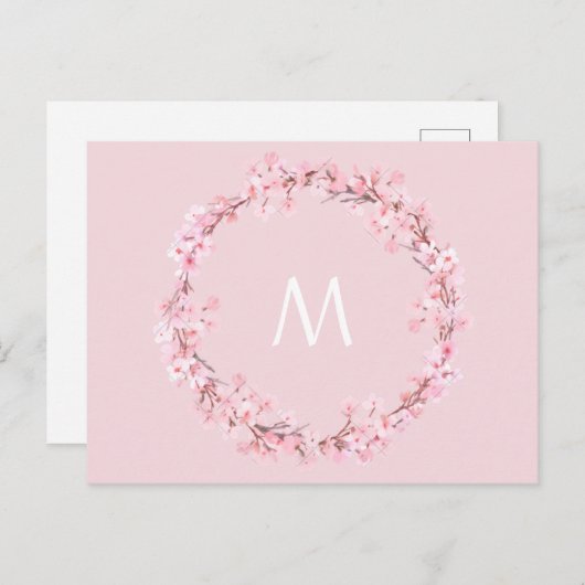 Briefkaart met roze florale borstletter monogram (Voorkant / Achterkant)