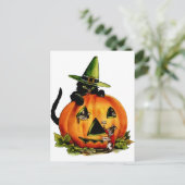 Briefkaart met zwarte kat en pompoen (Staand voorkant)