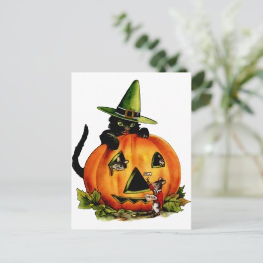  Briefkaart met zwarte kat en pompoen (Staand voorkant)