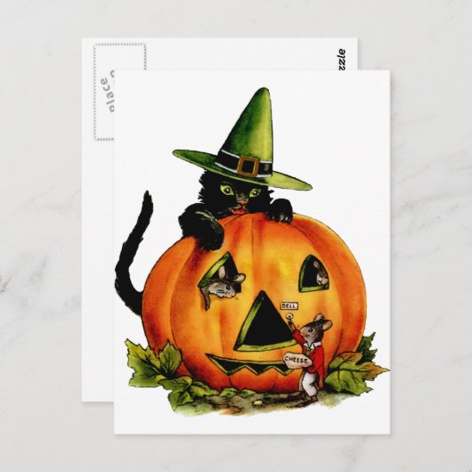 Briefkaart met zwarte kat en pompoen (Voorkant / Achterkant)