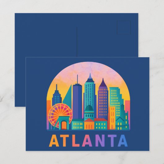 Briefkaart Modern Atlanta Georgia Skyline Blauw (Voorkant / Achterkant)