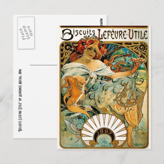 Briefkaart: Mucha - Biscuits Lefevre Utile Briefkaart (Voorkant / Achterkant)