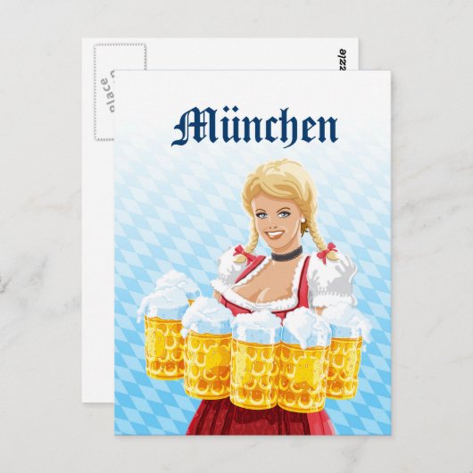 Briefkaart München Dirndl Waitress Beer Stein (Voorkant / Achterkant)