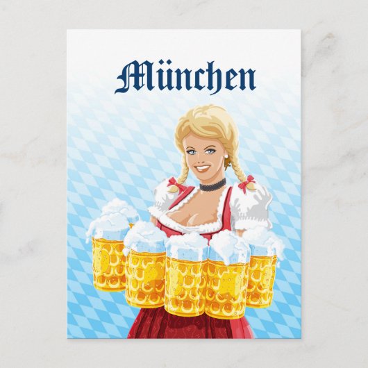 Briefkaart München Dirndl Waitress Beer Stein (Voorkant)