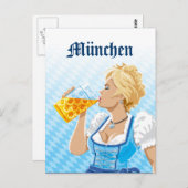 Briefkaart München Woman Dirndl Drink Beer (Voorkant / Achterkant)