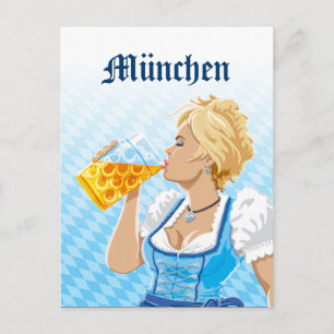 Briefkaart München Woman Dirndl Drink Beer