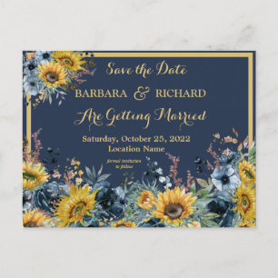 Briefkaart Navy Blue Sunflower Floral Save Date