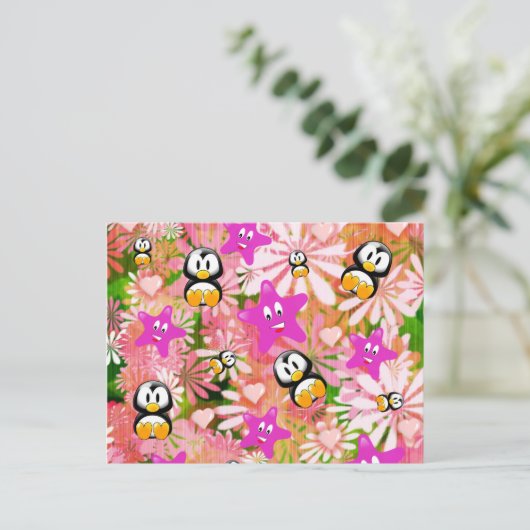 Briefkaart Pinguïns Bloemen (Staand voorkant)
