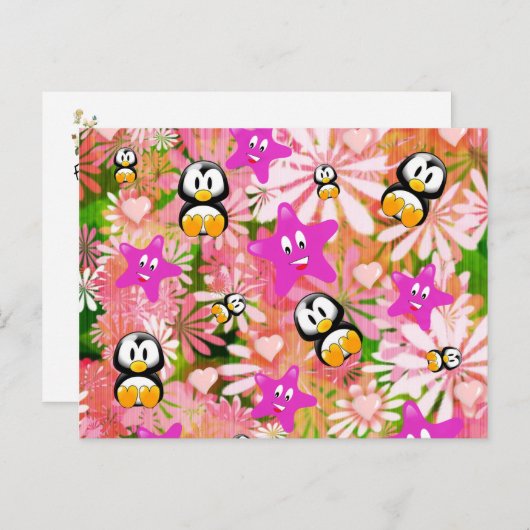 Briefkaart Pinguïns Bloemen (Voorkant / Achterkant)