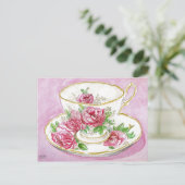 Briefkaart - Pink Floral Roos Waterverf Teacup (Staand voorkant)