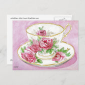 Briefkaart - Pink Floral Roos Waterverf Teacup (Voorkant / Achterkant)