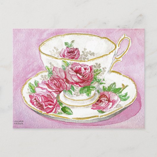 Briefkaart - Pink Floral Roos Waterverf Teacup (Voorkant)