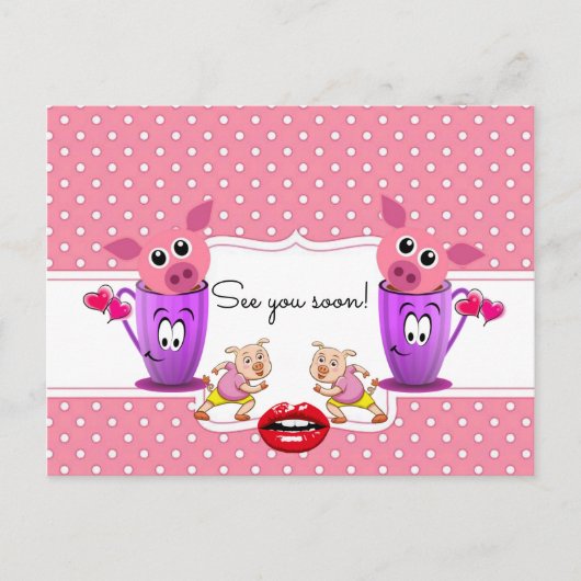 Briefkaart Pink Pigs Polk a dot Tot binnenkort! (Voorkant)