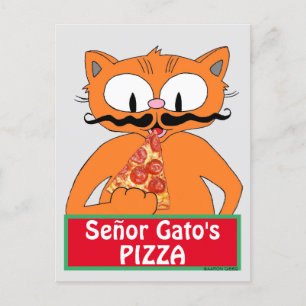 Briefkaart - Pizza Funny Mustache Cat van Señor Ga