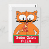 Briefkaart - Pizza Funny Mustache Cat van Señor Ga (Voorkant / Achterkant)
