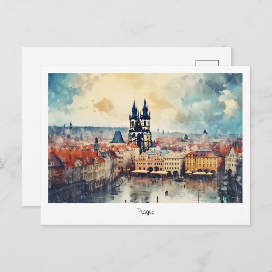 Briefkaart Prague-nacht in Tsjechië (Voorkant / Achterkant)