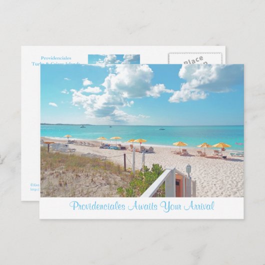 briefkaart "PROVIDENCIALES AFWACHT VAN UW ARRIVAL" (Voorkant / Achterkant)