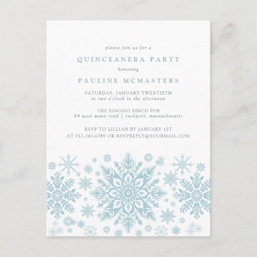 BRIEFKAART Quinceanera Blue Snowflake Uitnodiging (Voorkant)