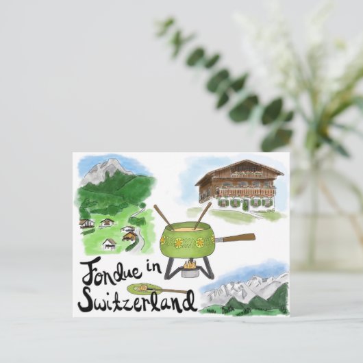 Briefkaart reisketting: Fondue in Zwitserland (Staand voorkant)