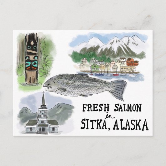 Briefkaart reisketting: Zalm in Sitka, Alaska (Voorkant)