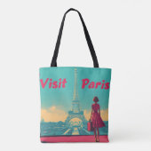 Briefkaart Retro Eiffeltoren reisillustratie Tote Bag (Achterkant)