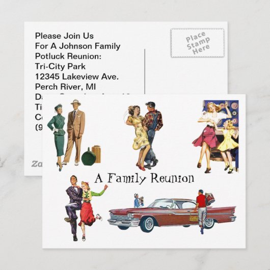 Briefkaart  Retro Feestelijke Fun Familiereünie (Voorkant / Achterkant)
