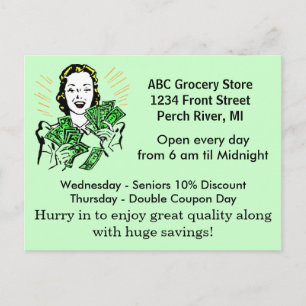 Briefkaart Retro Happy Lady Money Savings