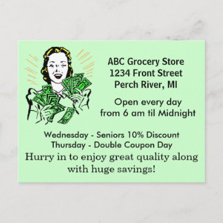 Briefkaart  Retro Happy Lady Money Savings