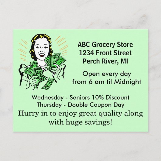 Briefkaart  Retro Happy Lady Money Savings (Voorkant)