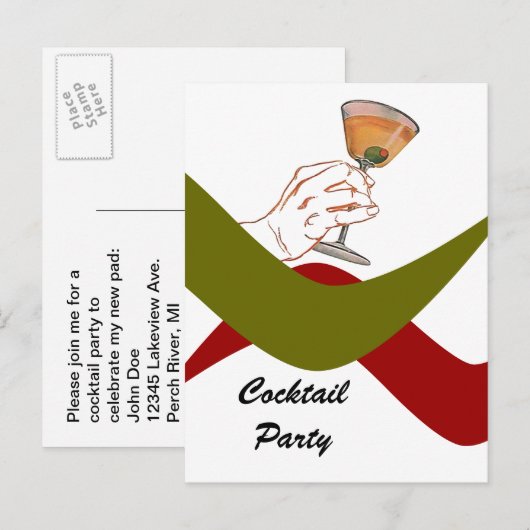 Briefkaart Retro Housewarming Cocktail Party Marti (Voorkant / Achterkant)
