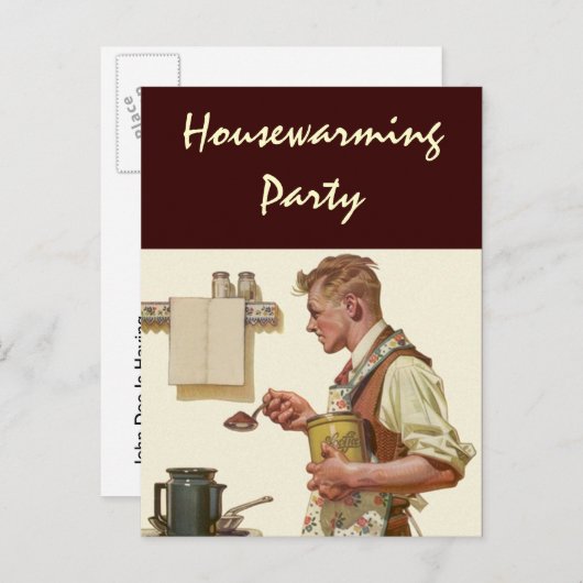 Briefkaart Retro-Man maakt koffiehuisopwarming (Voorkant / Achterkant)