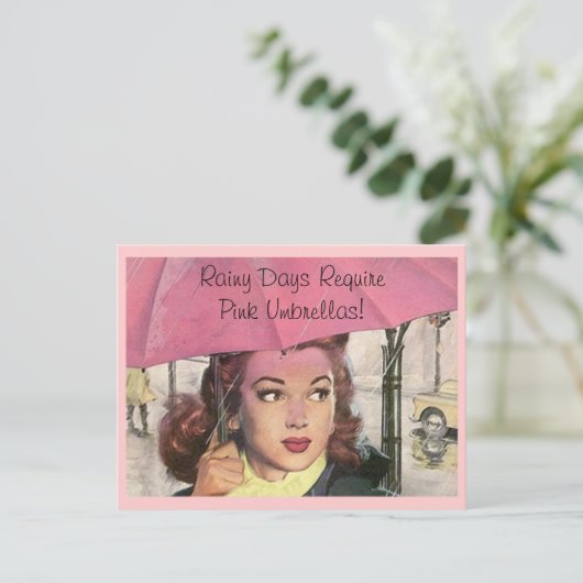 Briefkaart Retro Rainy Day douche & een roze umbre (Staand voorkant)