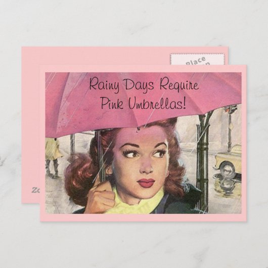 Briefkaart Retro Rainy Day douche & een roze umbre (Voorkant / Achterkant)