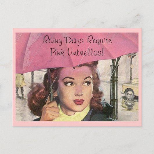 Briefkaart Retro Rainy Day douche & een roze umbre (Voorkant)