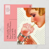 Briefkaart Retro Stylish Gal w/ Soda Fountain Drin (Voorkant / Achterkant)