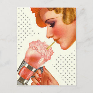 Briefkaart Retro Stylish Gal w/ Soda Fountain Drin