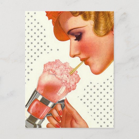 Briefkaart Retro Stylish Gal w/ Soda Fountain Drin (Voorkant)
