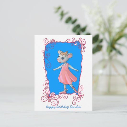 Briefkaart Roze balletmuis (Staand voorkant)